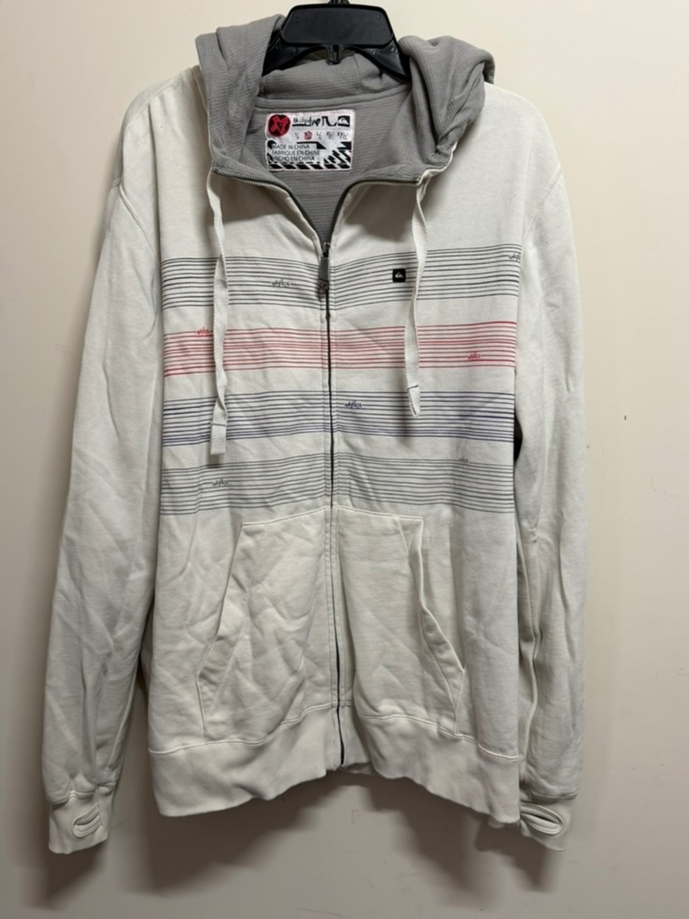 Quiksilver Cream White Zip Hoodie with Gray Hood and Subtle Red & Blue Stripe